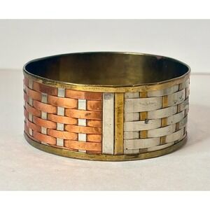 Vintage Brass Woven Basket Weave Mixed Metal Copper Silver Tone Bangle Bracelet